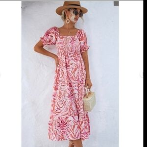 BeachSissi Smocked On or Off The Shoulder Midi Dress in Pink Swirl Sz S NWT